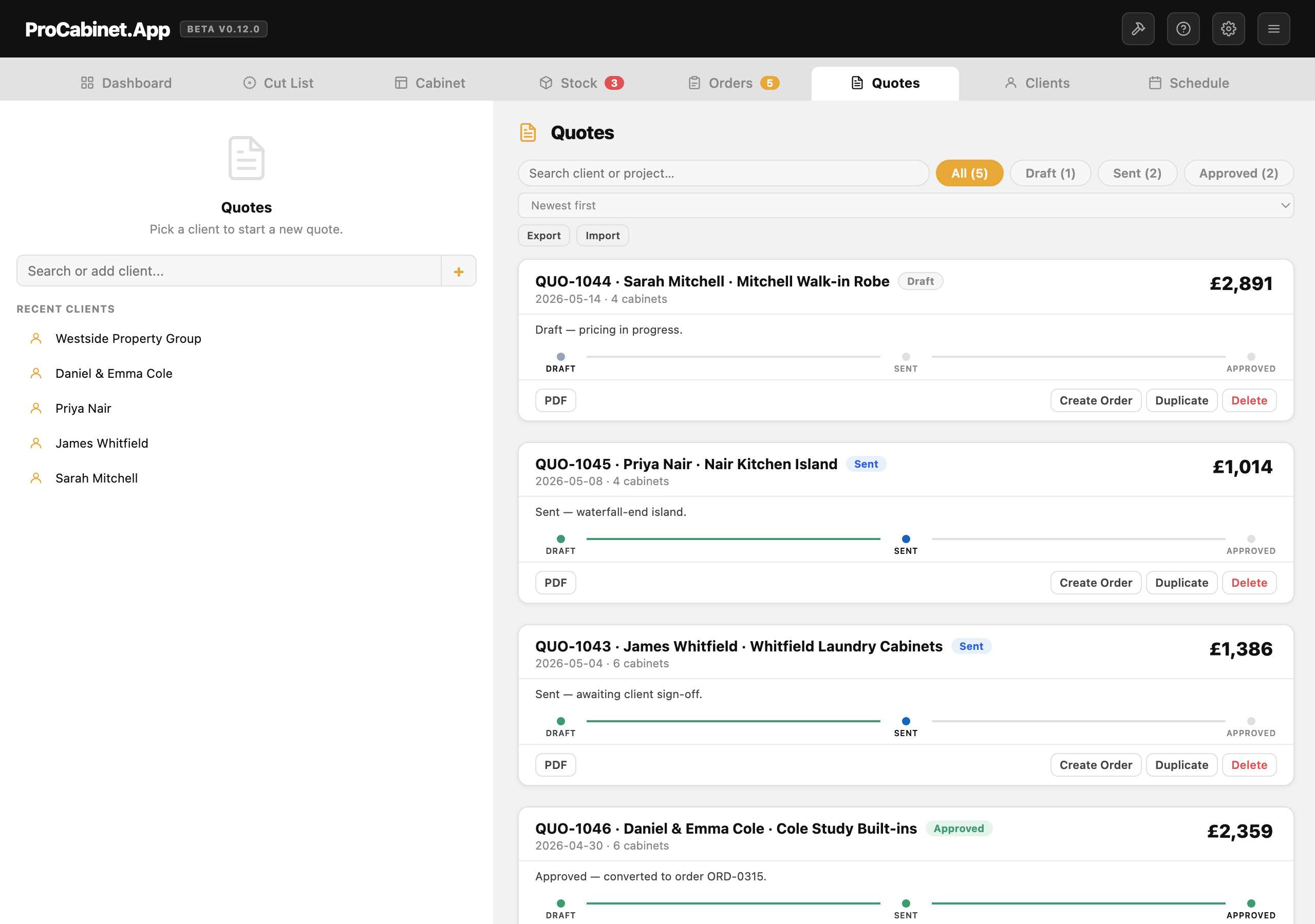 Quotes and orders pipeline
