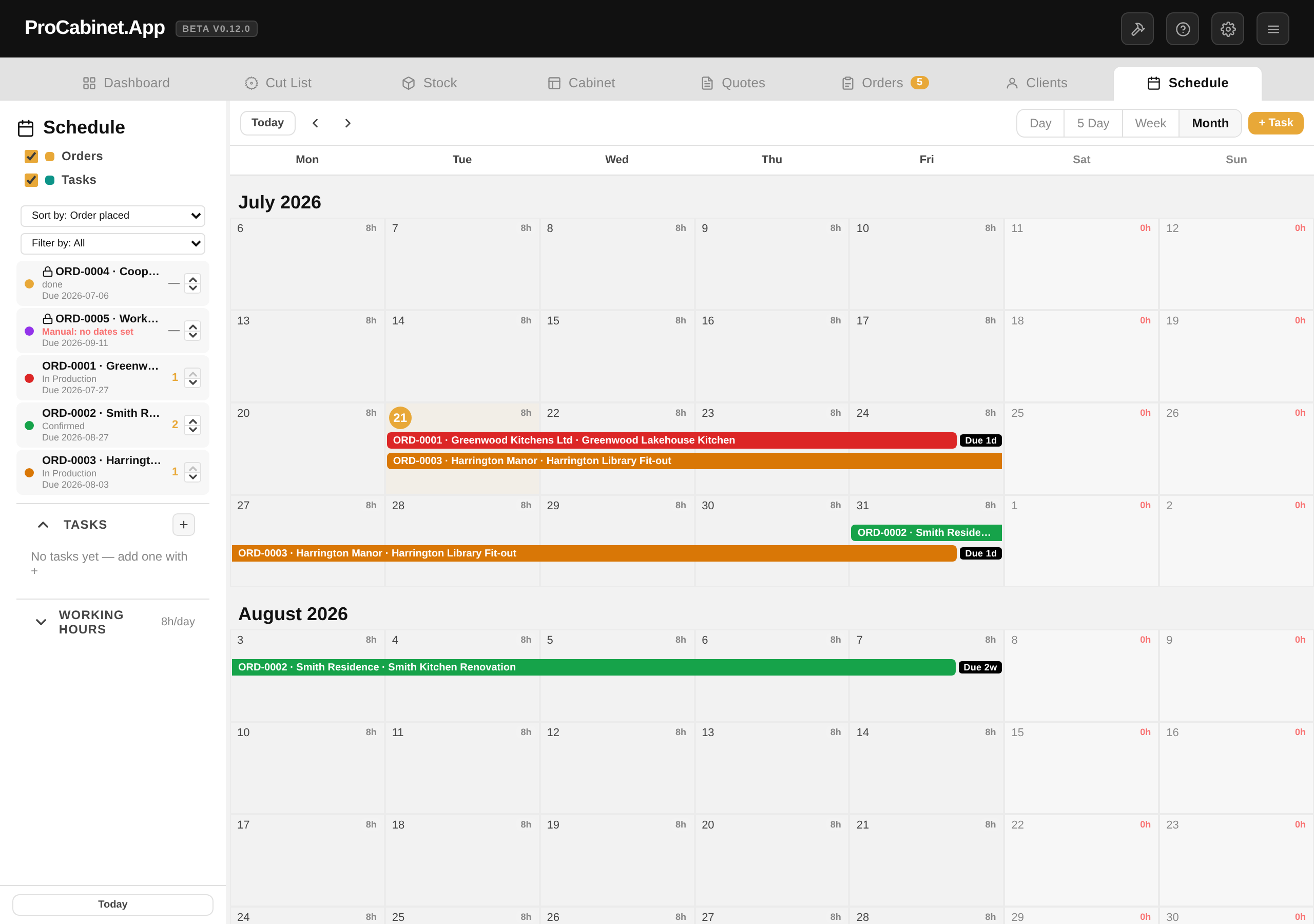 Production schedule calendar with auto-scheduled order bars, one-off tasks, and Google Calendar layers