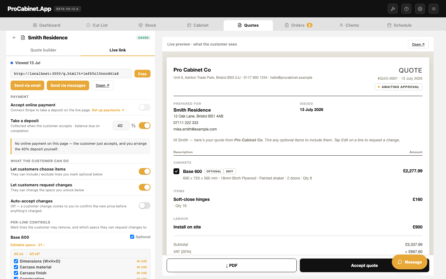 The Live link panel open in the quote editor — payment, deposit and per-line controls beside a live preview of the customer page